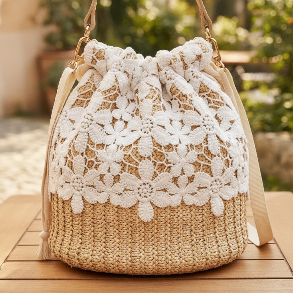 SandAway Strohtasche geflochten mit Blumenmuster – Detail Nahaufnahme