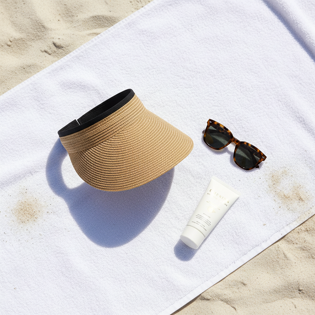 SandAway Sonnenhut Damen – Flat Lay mit Sonnenbrille