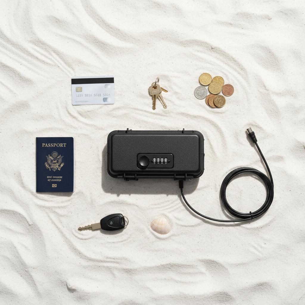 Strandtresor Box Flat Lay mit Pass und Kreditkarte