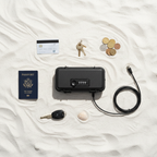 Strandtresor Box Flat Lay mit Pass und Kreditkarte