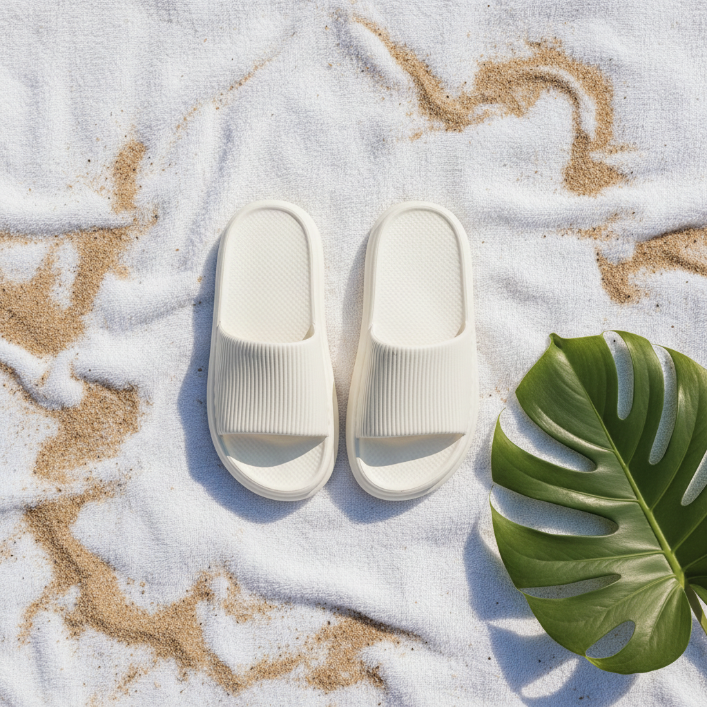 SandAway Cloud Slides – Flat Lay auf Strandtuch